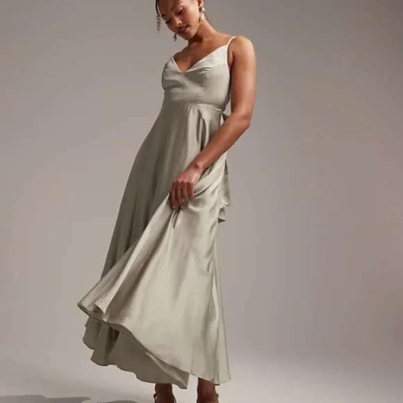 green emerald velvet dress Asos Edition Embellished Drape Side Cami Maxi Dress In Sage Green